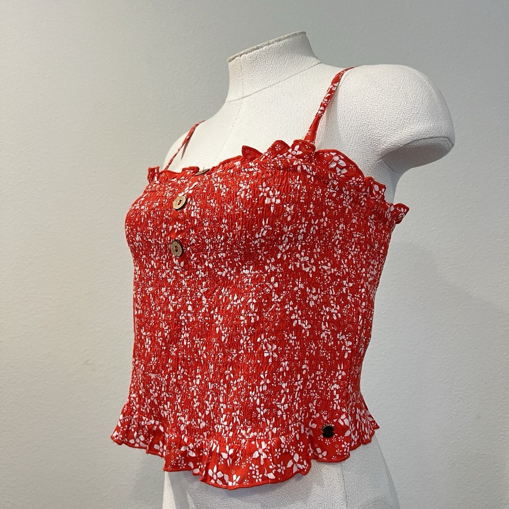 Roxy NEW Secret Sister Tank Top Smocked Removable Strap Floral Red Sz XL Beachy